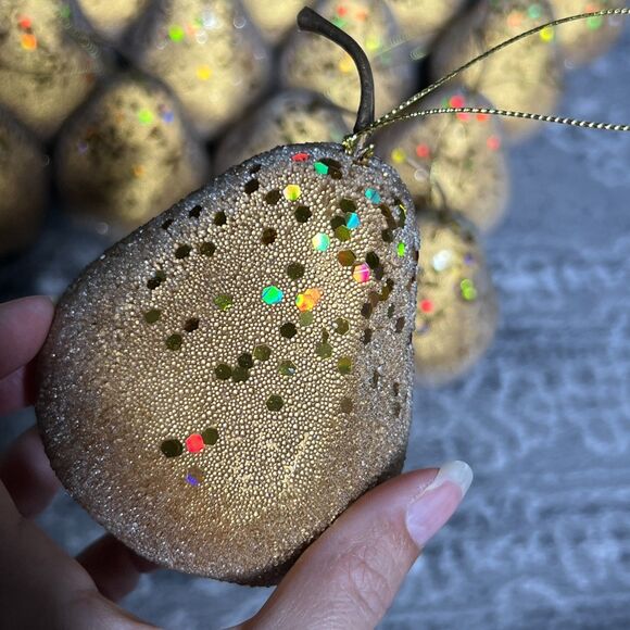 Christmas Ornament Lot Of 16 Gold Beaded & Sequin Pear-3"D, 4.25"H - Picture 3 of 6